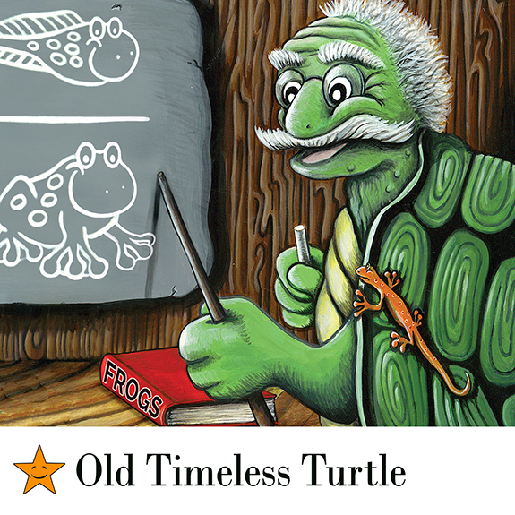 Old Timeless Turtle who is the wisest at the pond helps Billy Bullfrog learn how tadpoles grow up to be frogs!!