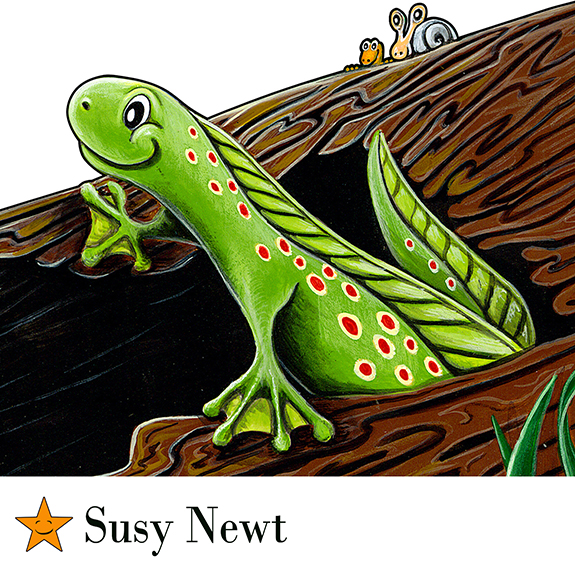 Susy Newt is a Friendly Children's Book Character who loves the pond.